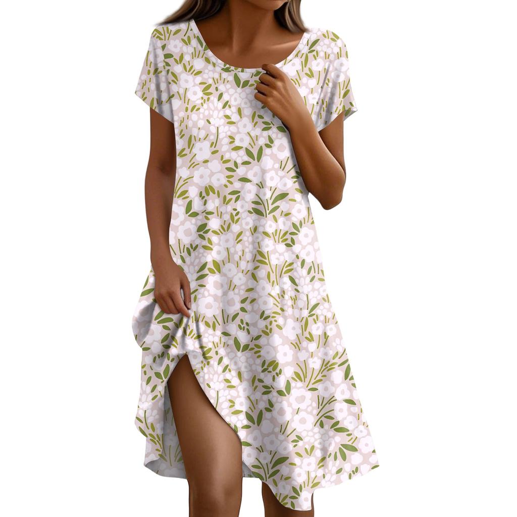 Short Sleeve Boho Dress For Women Casual Loose Fit Summer Sundress Floral Print Dress With Pockets