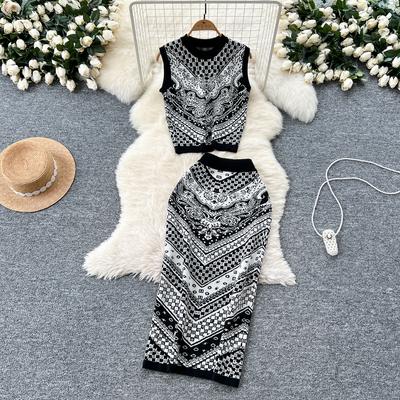 Letní dámský vintage barokní potisk přehlídkový dvoudílný set pletený svetr pulovr tílko topy a bodycon pouzdrová sukně outfity