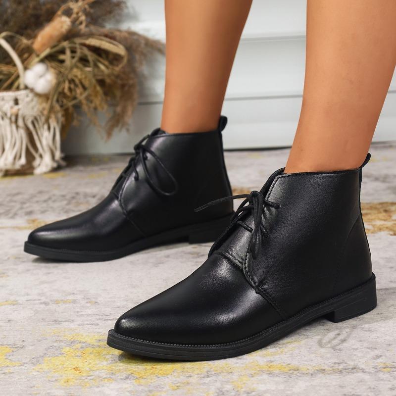 Quadratische Absatz Schnürstiefeletten Frühling und Herbst Neu Spitz zulaufende Zehenpartie Weiche Sohle Rutschfest Verschleißfest Leder Schuhe