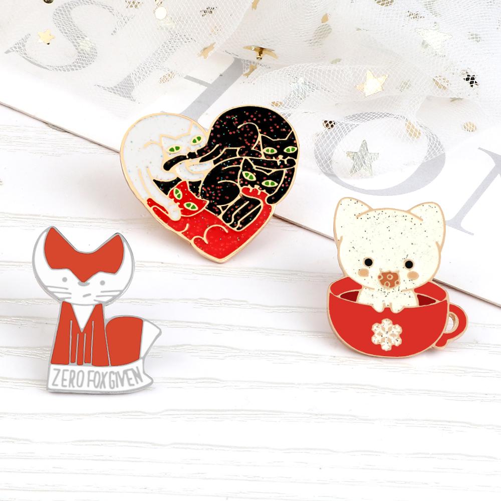 Animal Cats Fox Brooch Cartoon Teacup Kitten Enamel Pins Funny Personality Custom Badge Bag Cloth Lapel Pin Fashion Jewelry Gift