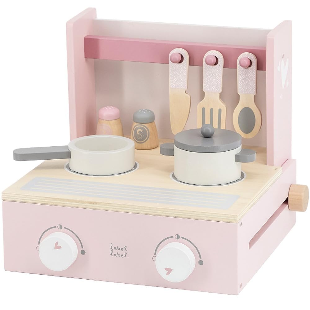 LabelLabel Folder Cooker Pretend Play Kitchen Mini Kitchen Wooden Play Set Birthday Gift for Boys and Girls Wooden Toy (Pink)