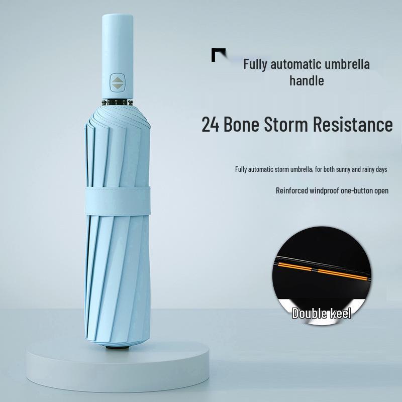 Vollautomatischer dreifach faltbarer UV-Schutz-Schirm mit schwarzem Kleber und Logo für Regen oder Sonne