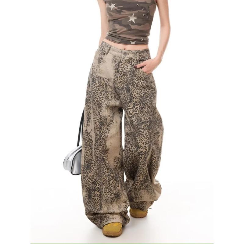 VIONA Trend Y2K Style Vintage Washed Leopard Baggy Women's Jeans Pants for Woman Clothing Wide Leg Streetwear Loose Long Trousers
