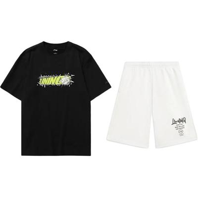 Li Ning Letter Logo Printed Fashion Loose Versatile Round Neck Pullover Short Sleeve T-Shirt Casual Sports Suit Unisex Tops AHSUA03-2+AKST593-7