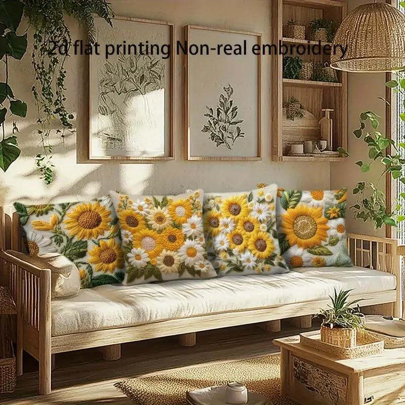 2/4pcs 2D Floral Print 45x45cm Zipper Closure Machine Washable Throw Pillow Covers Soft Sunflower & Daisy Bed Pillowcase