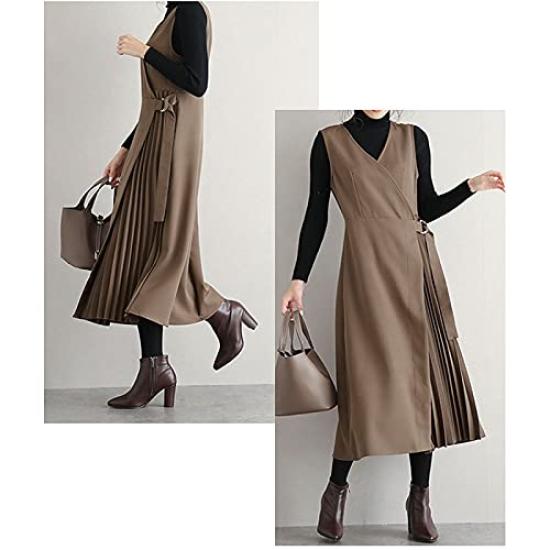 Long Jumper Skirt Sleeveless Flared Solid Elegant and Perfect for and Winter Women's Dress, Sweatshirt, V-Neck Dress, Color, Pleated, Stylish,