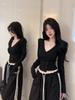 Spring 2026 Chic Spicy Girl Deep V-neck Long Sleeve Irregular Slim-fit Cropped Top for Women