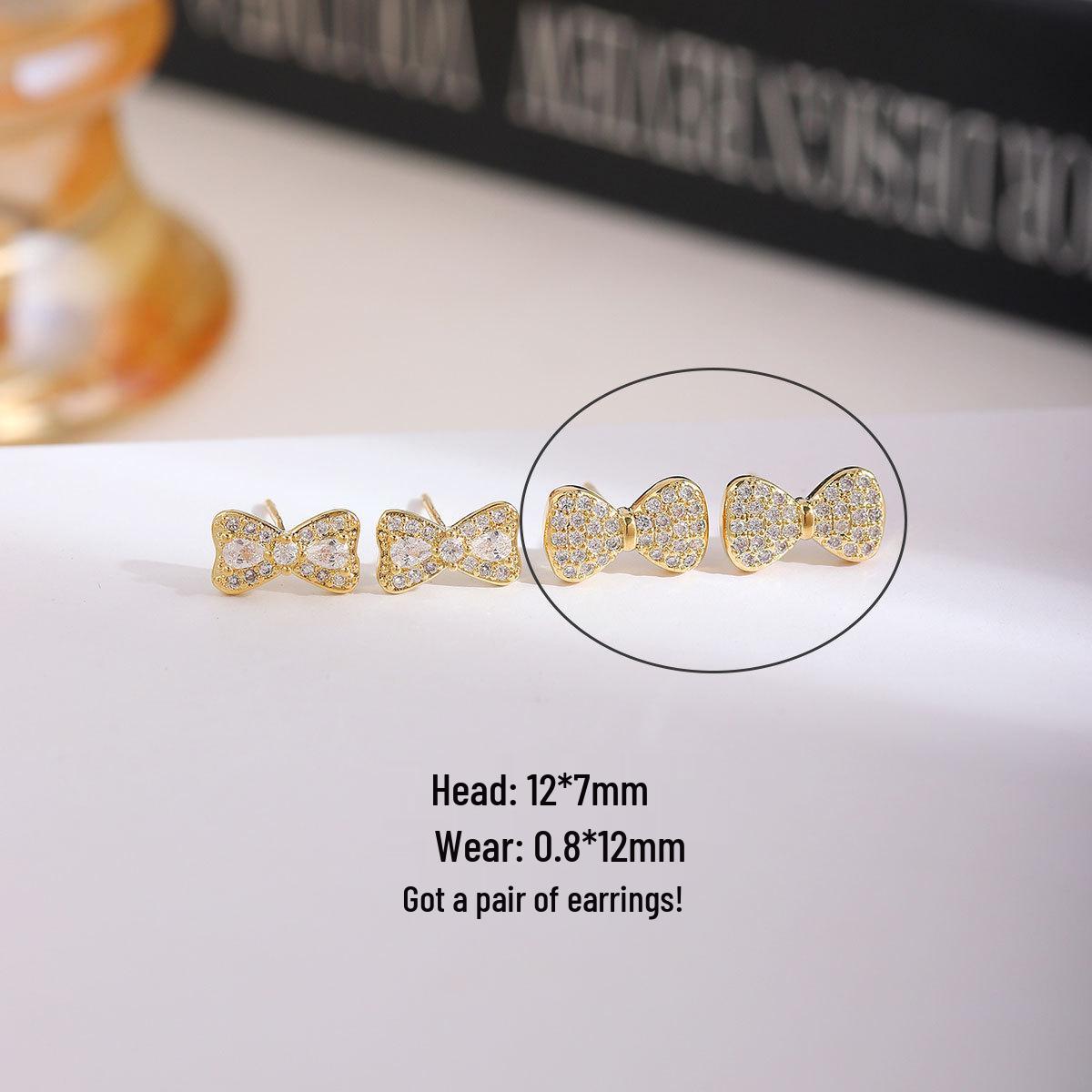 Copper-Plated Gold Bow Zirconia Earrings with 925 Silver Posts - Luxury Diamond Style for Women (2026) Real Gold Plated, Long-lasting Color Retention