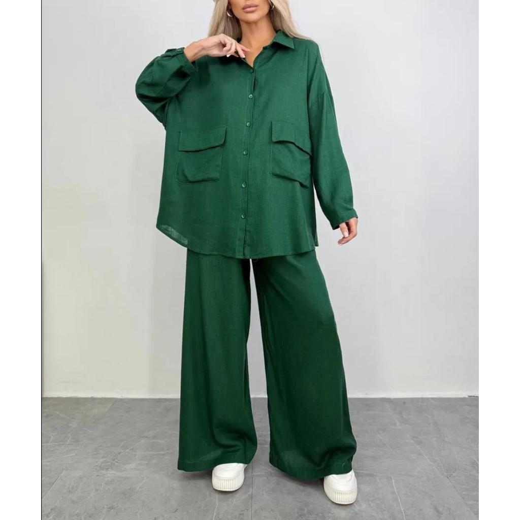 Fall Winter Women's 2 Pieces Outfits Long Sleeve Loose Shirt + Wide Leg Pants Set Casual Fashion Outfit