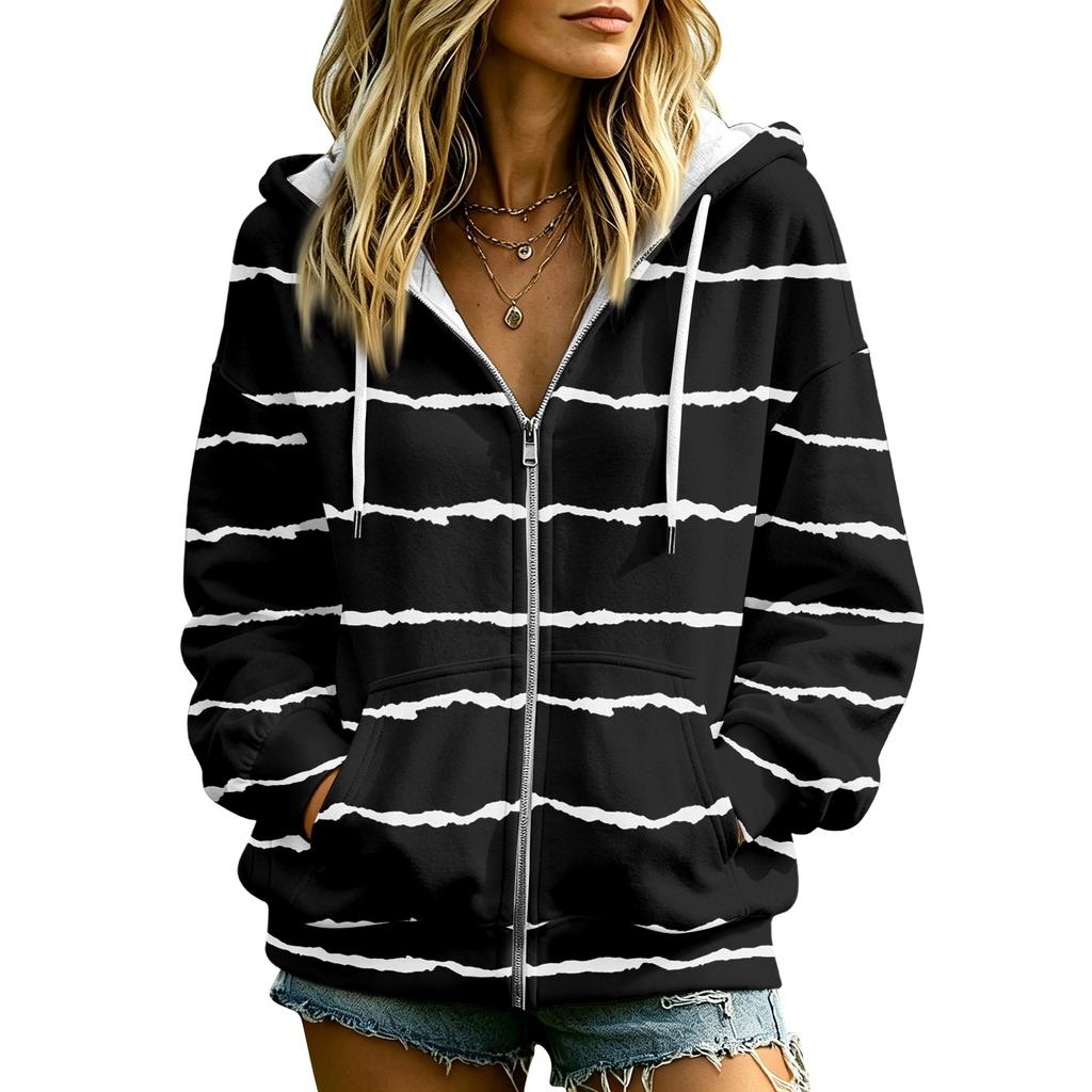 Women's Casual Striped Print Long Sleeve Hooded Jacket with and Pockets