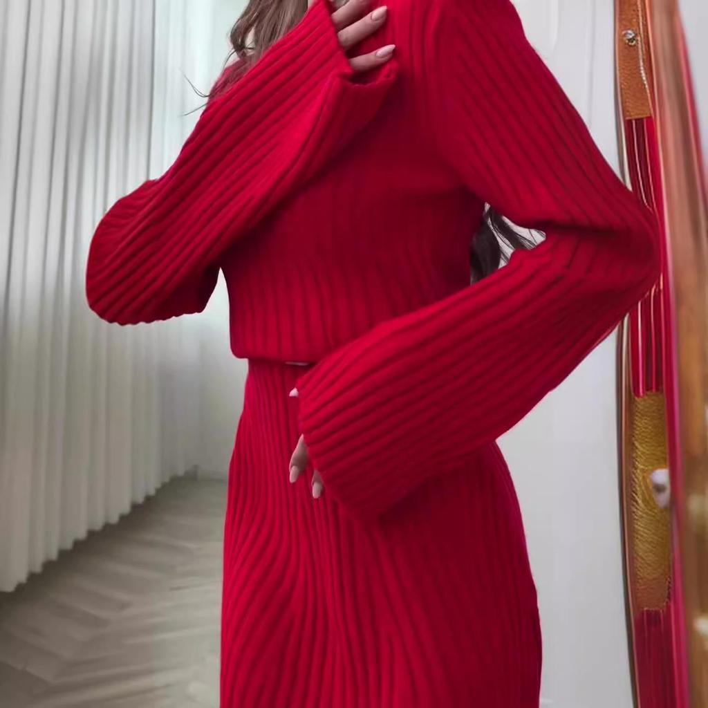 Podzimní mini šaty áčkového střihu slim fit - Jednobarevné, kulatý výstřih, dlouhý rukáv, evropský a americký ležérní styl.