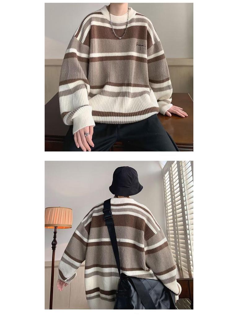 Men's Japanese Retro Striped Contrast Color Thick Loose Knitted Sweater Jacket for Autumn and Winter
