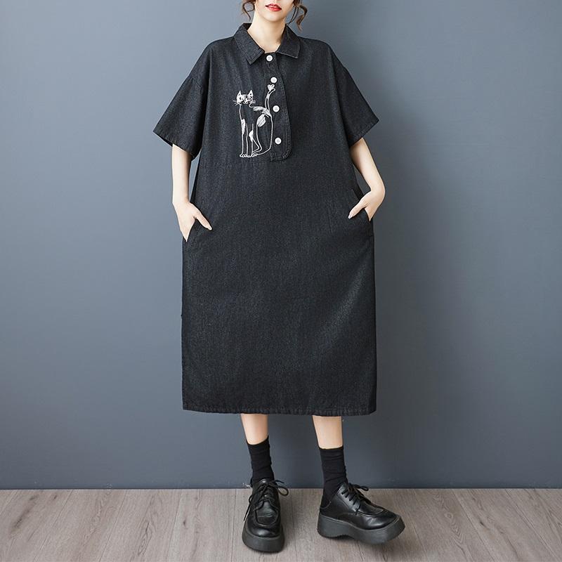 

Короткий рукав Плюс размер деним винтажная вышивка новые платья для женщин повседневное свободное длинное летнее платье чёрный