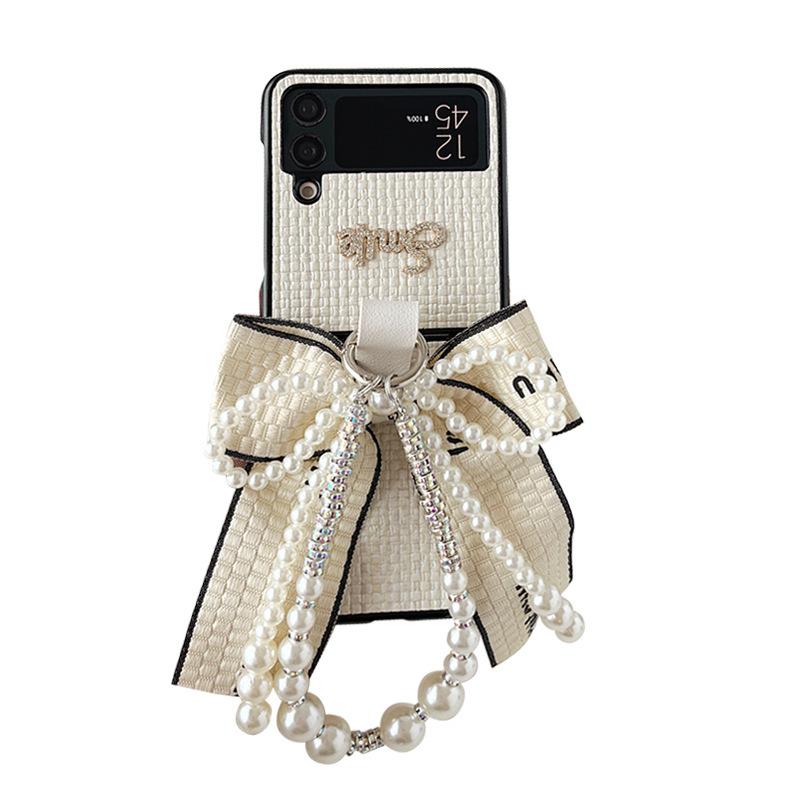 Pearl Hand Chain Mobile Phone Case for Samsung Zflip5 Bow W24flip Leather Hard Shell Rhinestone Letters