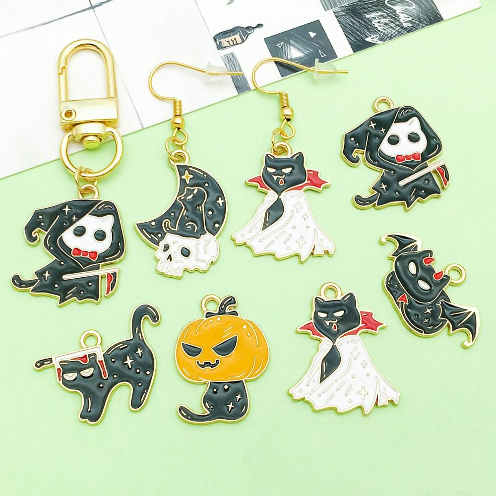 8-Piece Black Oil Drip Alloy Halloween Cartoon Cat Charms for DIY Jewelry