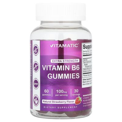 Vitamine B6, Extra Forte, Fraise Naturelle, 100 mg, 60 Gommes (50mg par gomme)