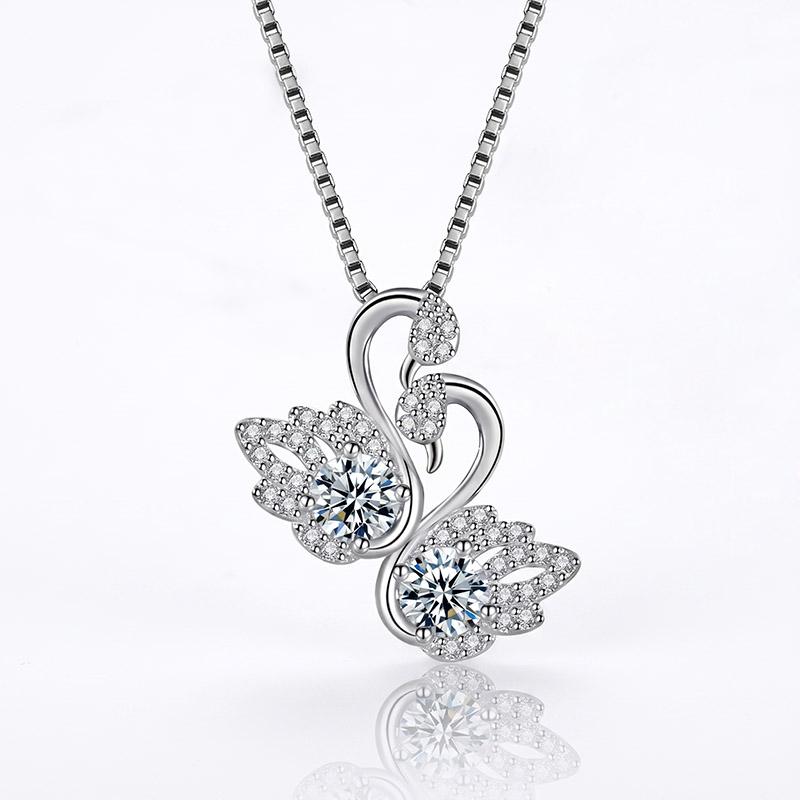 Romantic Double Swan Pendant Necklace Cubic Zirconia Silver Tone Dainty Clavicle Chain Pendant Jewelry Gift for Women Daily Birthday Valentine's Day