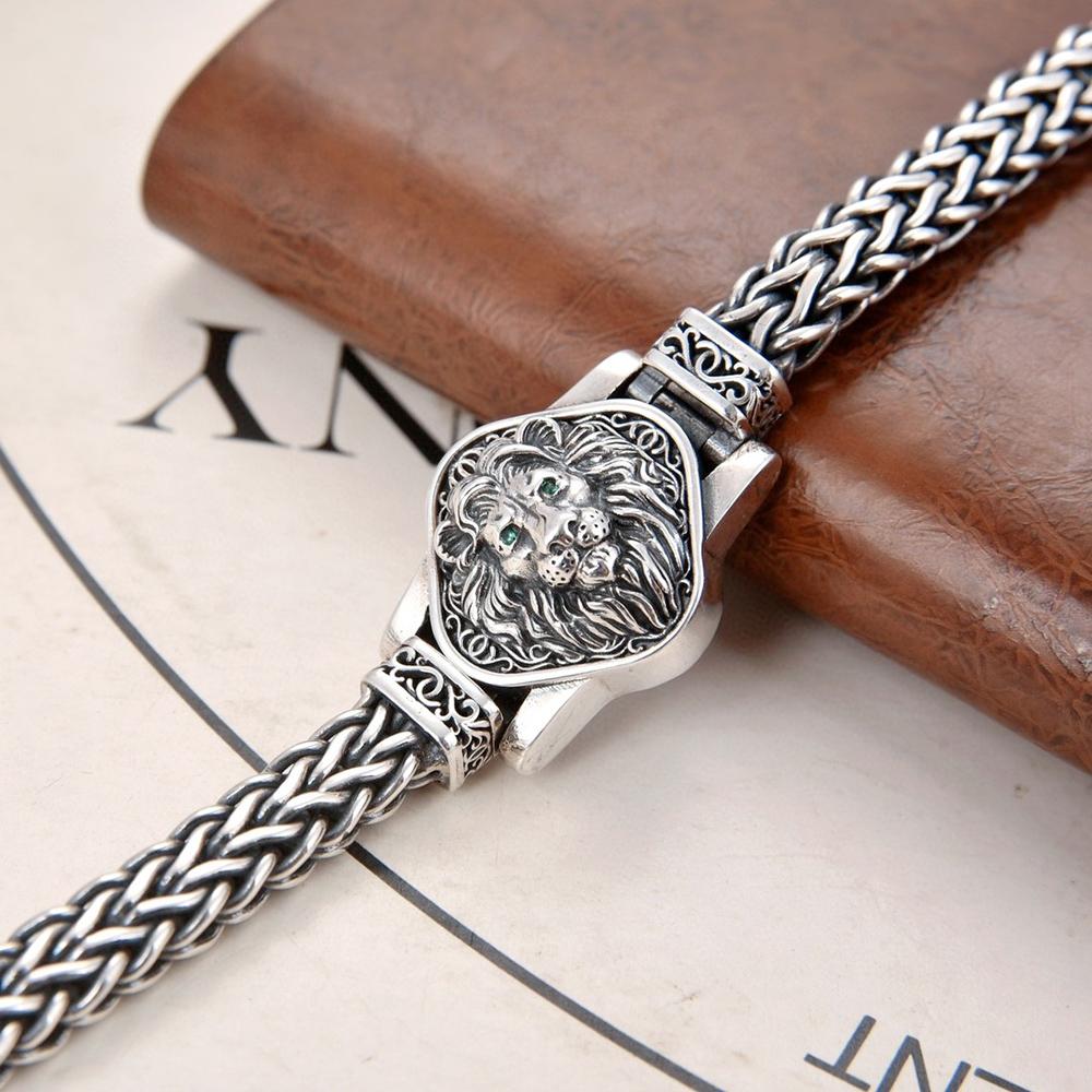 S925 Sterling Silver Hand Woven Bracelet for Men Vintage Lion Bracelet Hip-hop Punk Rock Bracelet Jewelry Gift