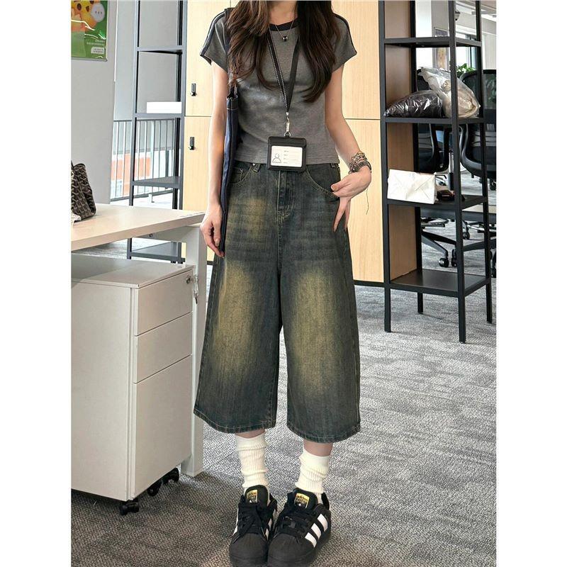 Summer Women s Plus-Size Retro Wide-Leg Cropped Denim Pants 3XL
