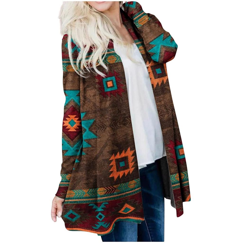 Women's Fashion Casual Nationality Print Medium Length Cardigan Jacket Coat