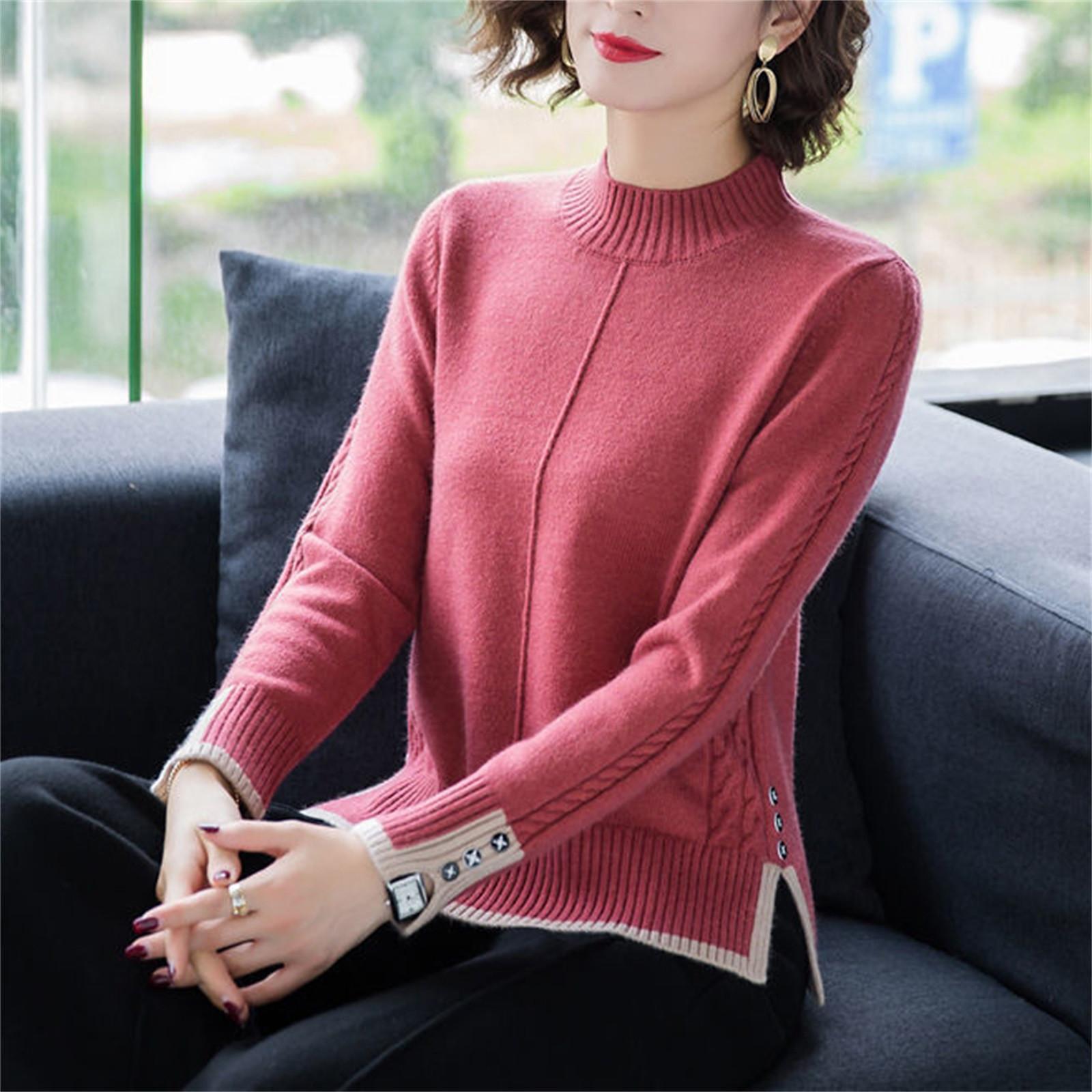 

Модная женская трикотажная нижняя рубашка, однотонный длинный рукав, круглый вырез, свитер, пуловер, топ One Size красный