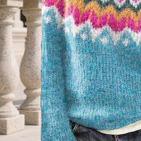 Women Sweater Round Neck Long Sleeve Patchwork Color Knitting Tops Loose Hem Printed Knitwear Winter Wear
