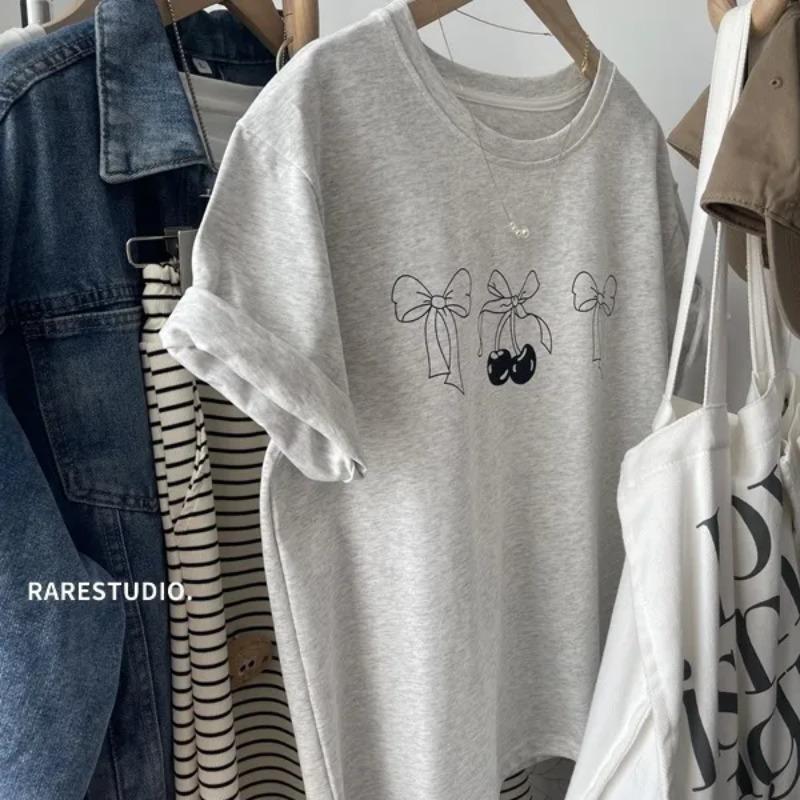 

Women Summer Gray Cherry Bow Print T Shirt Cute Short Sleeve Tee S бежевый