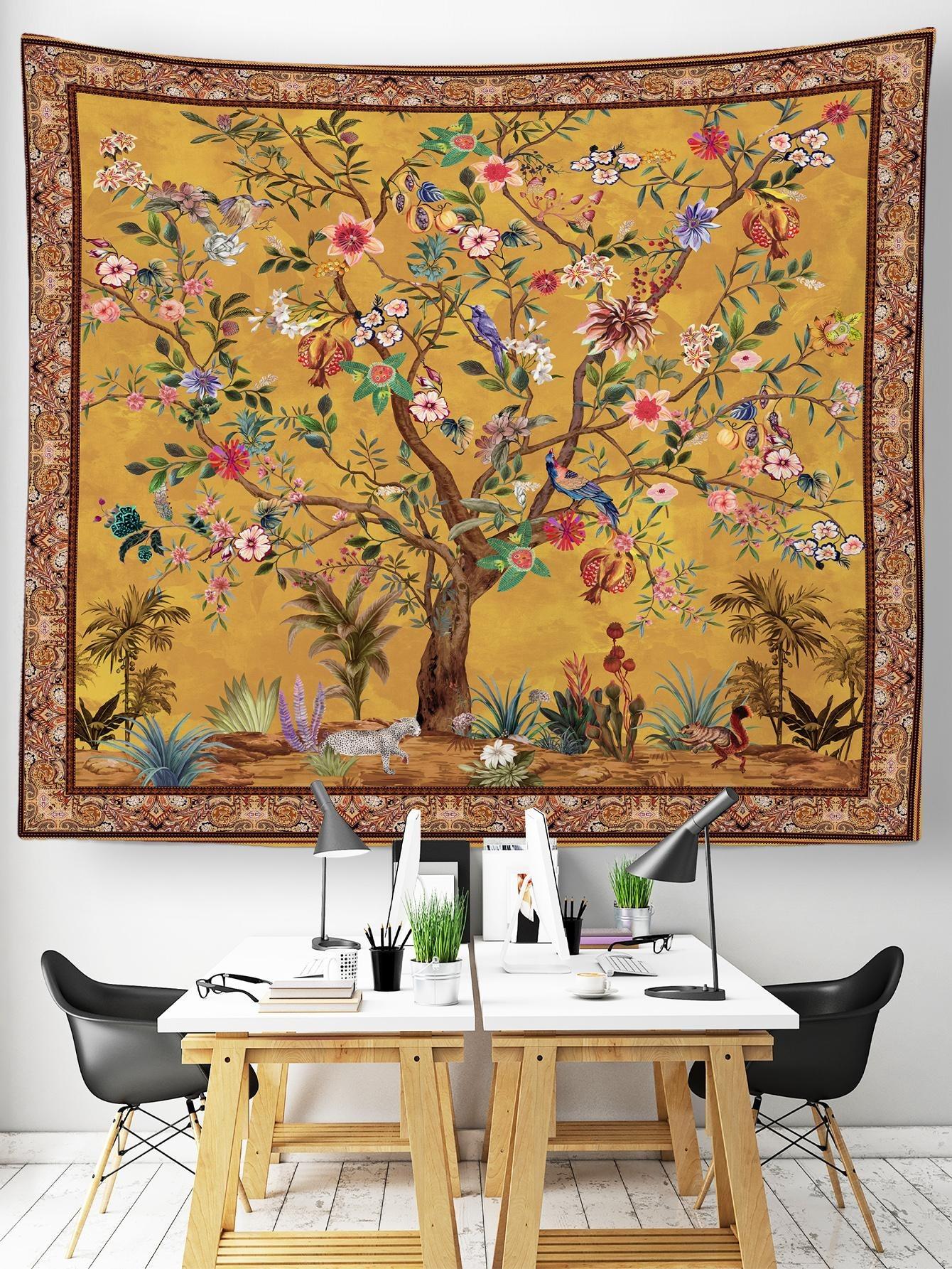 Jmg Household Supplies Unisex Golden Tree Of Life Tapestry, Bohemian Floral Animal Print, Vintage Exotic Wall Hanging For Bedroom & Living Room