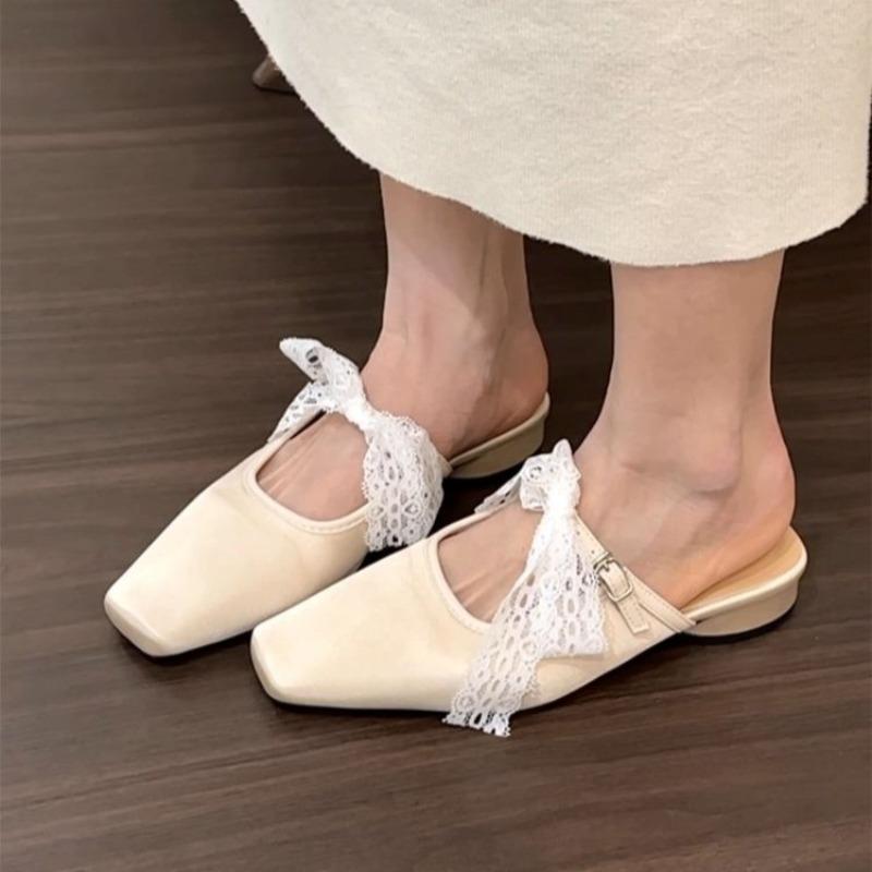 Fashion Bow Women Heeled Slippers Lace Square Toe Mules Shoes Sandals Designer 2025 Fad Elegant Flip Flops Summer Dress Sandalias Mujer