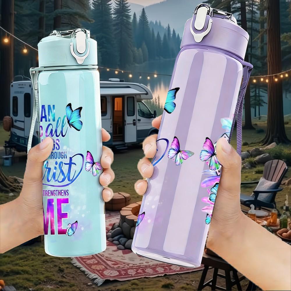 1PC Faith Cross Color Art Quote Print 750ml Color Plastic Sports Water Bottle Leakproof Flip Straw Lid Suitable for Sports Office Home Use