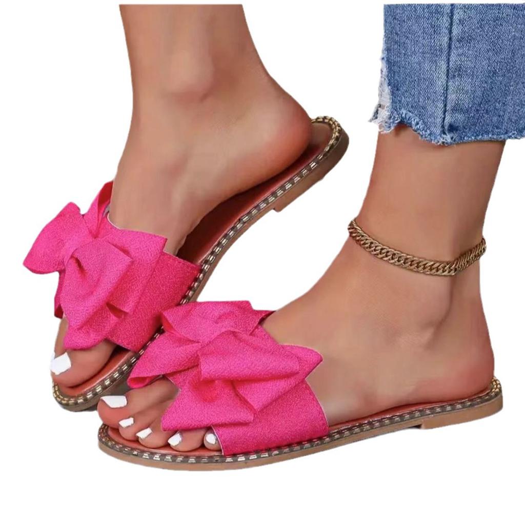 New flat-bottomed rhinestone bow one-word slippers for women to wear solid color light cloth cool slippers 2025