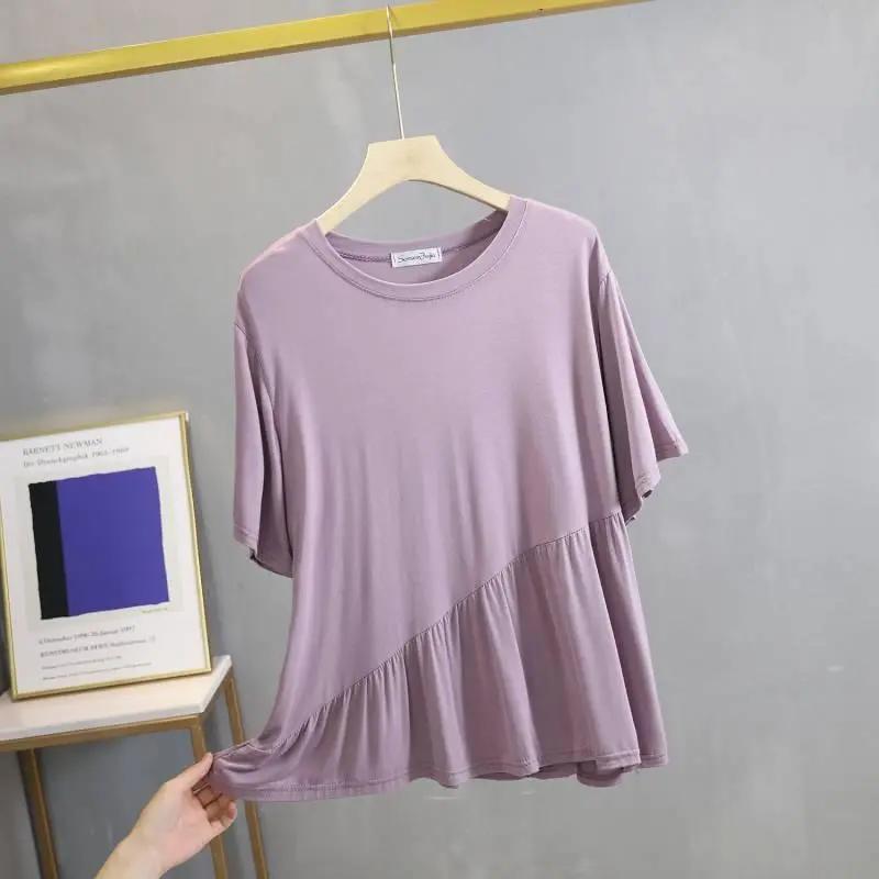 T-shirt Women Solid Color Summer Casual Large Size Loose Round Neck Pullover Short-sleeved Tops