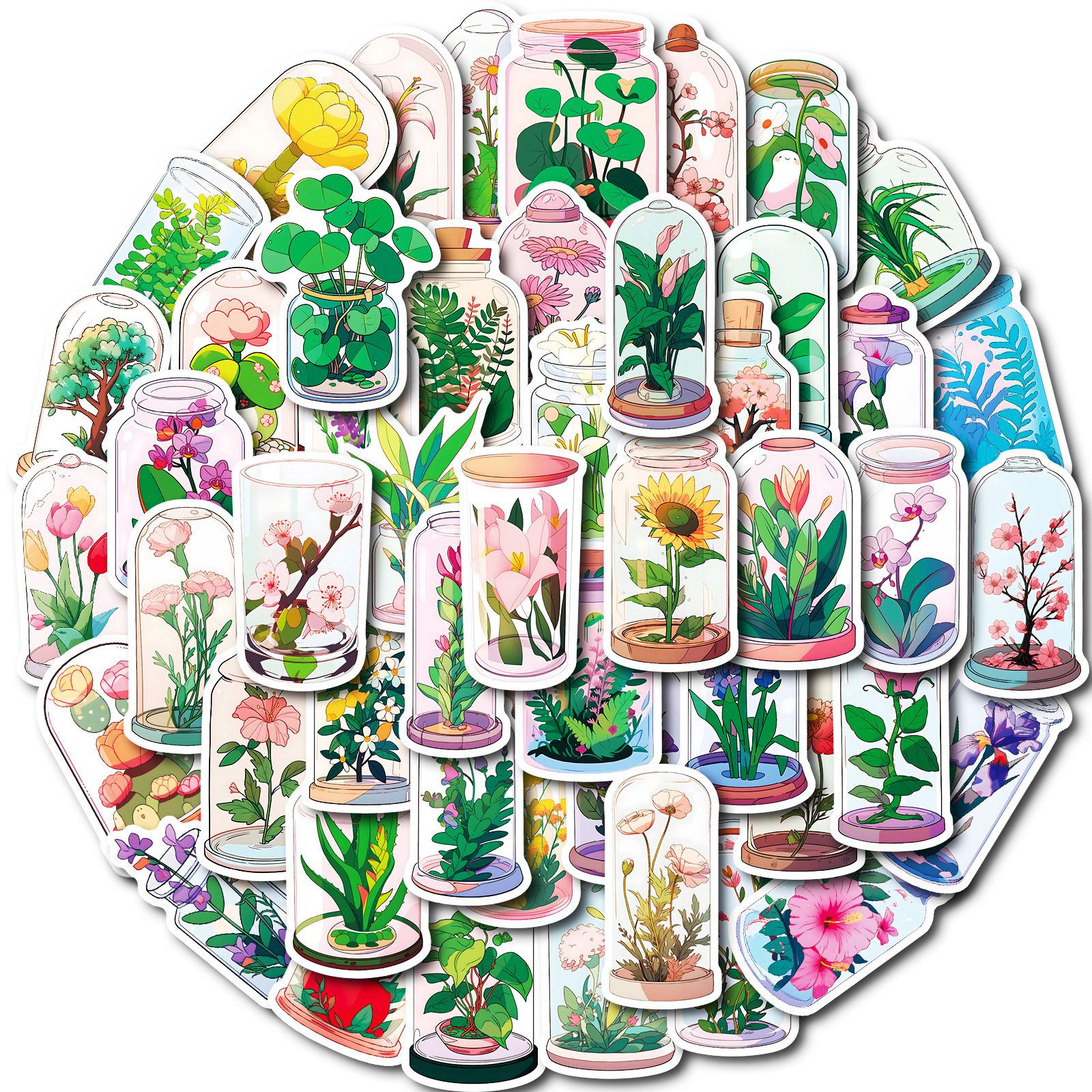 50 Cartoon Hand-Painted Romantic Glass Bottle Flower Theme Sticker Diy Creative Hand Account Decoration