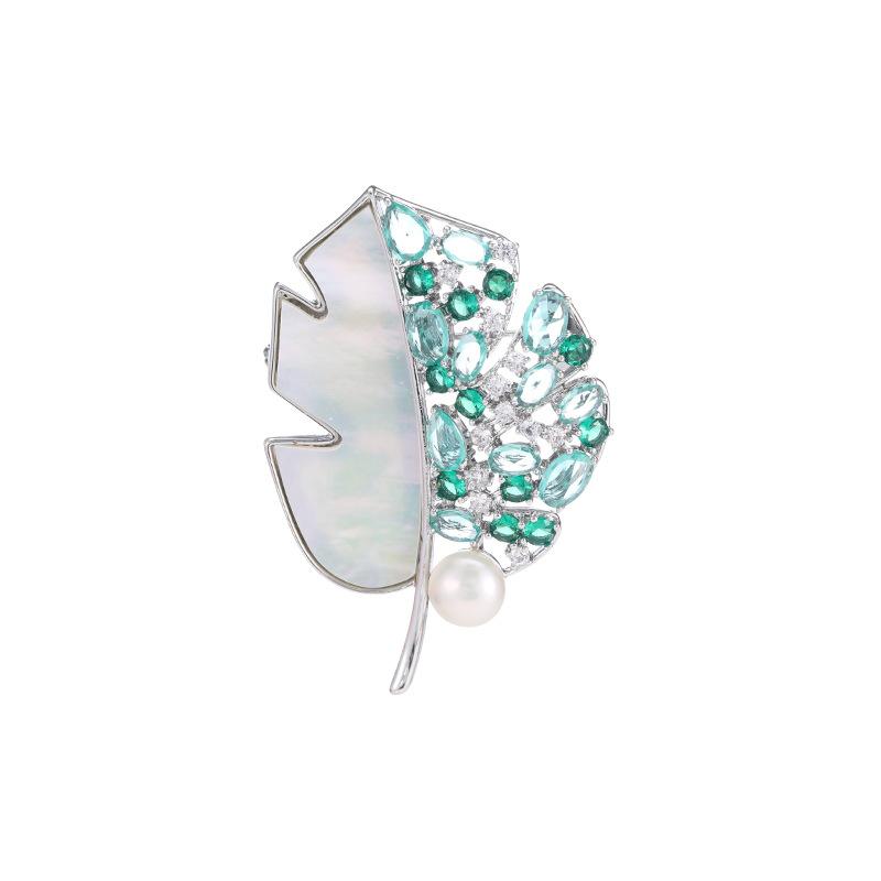 Light luxury fashion natural shell freshwater pearl leaf brooch elegant temperament coat jacket suit personalized pin