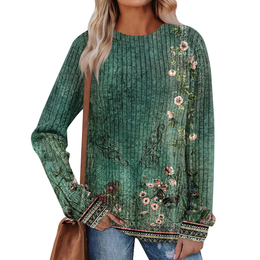 Women's Printed Lightweight Brushed-Cotton Round Neck Top