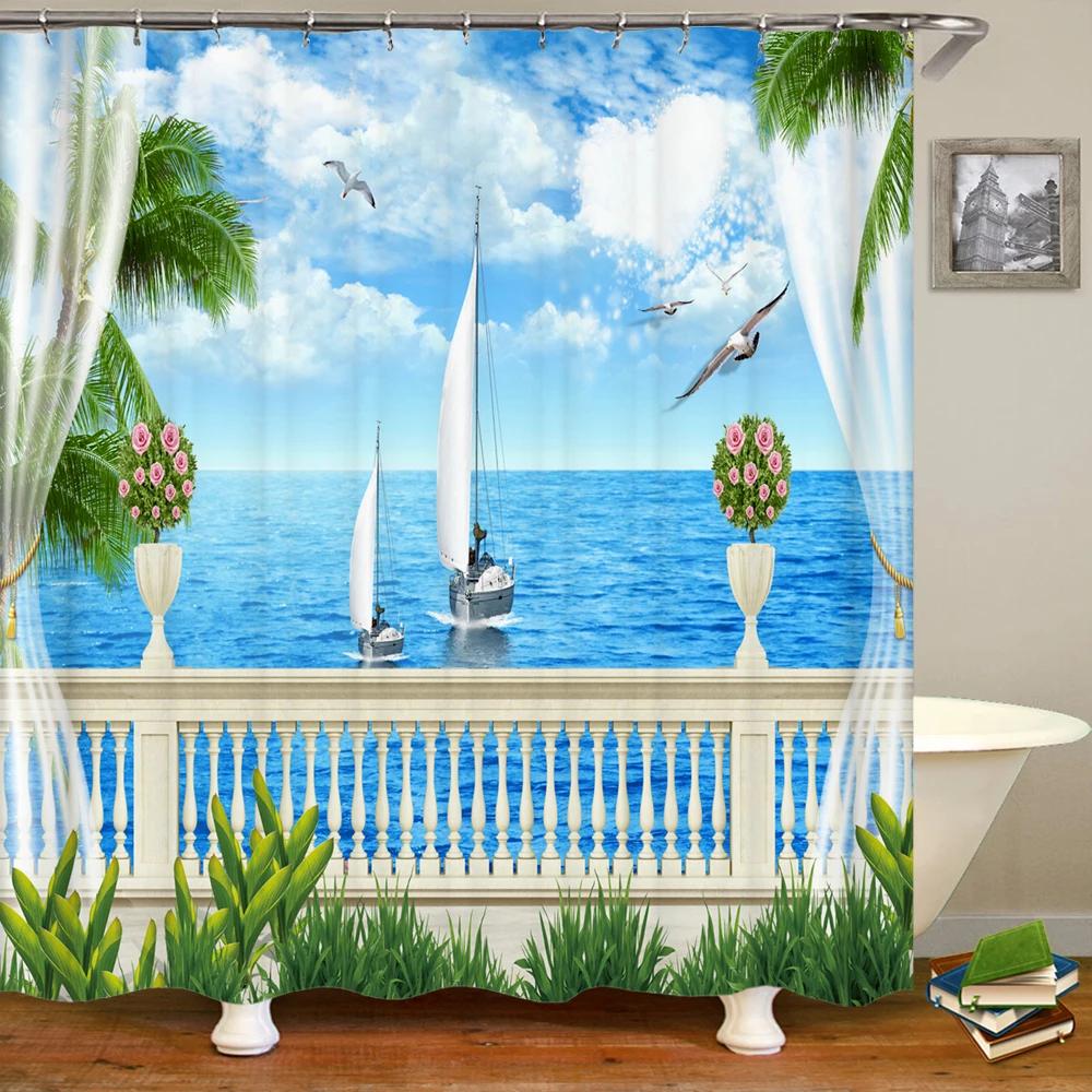 Nature Landscape Shower Curtain 3D Dolphin Shell Beach Scenery Bathroom Curtain Home Decor Waterproof Polyester Bath Accessories