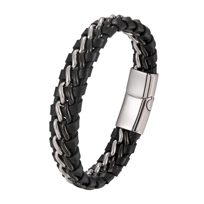 Popular Jewelry, Minimalist Style, Double Titanium Steel Chain, Genuine Leather Bracelet, Retro Punk Men's Woven Leather Rope, Geometric Lines
