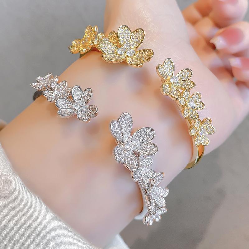 Three Flowers Full Zirconium Opening Bracelet Women's Three Leaves Inlaid Zirconium Bracelet Opening Bracelet