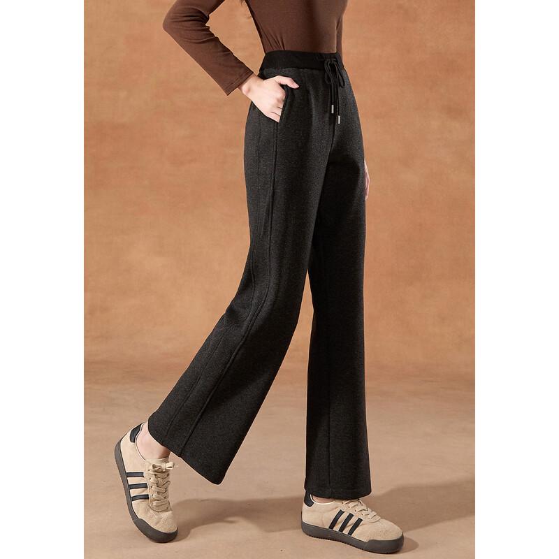 Kebell Women's Black High-Waist Straight Wide-Leg Drawstring Casual Pants