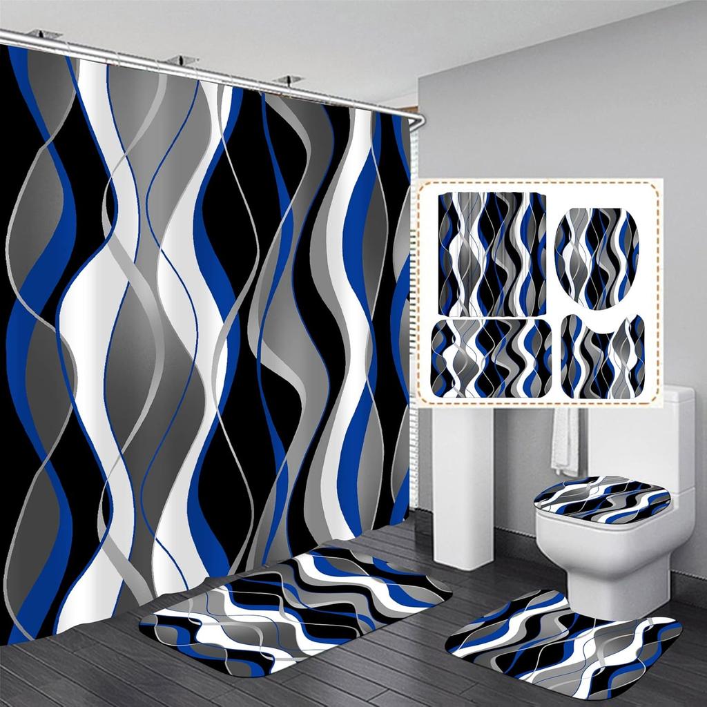 4Pcs Black Marble Shower Curtain Sets with Rugs Gold Bathroom Sets with Shower Curtain and Toilet Lid Cover Modern Bathroom Deco