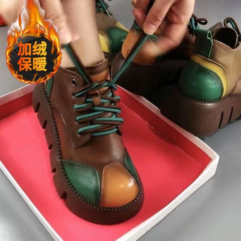 Vintage Martin boots autumn and winter round head thick-soled color lace-up short muffin-bottom boots
