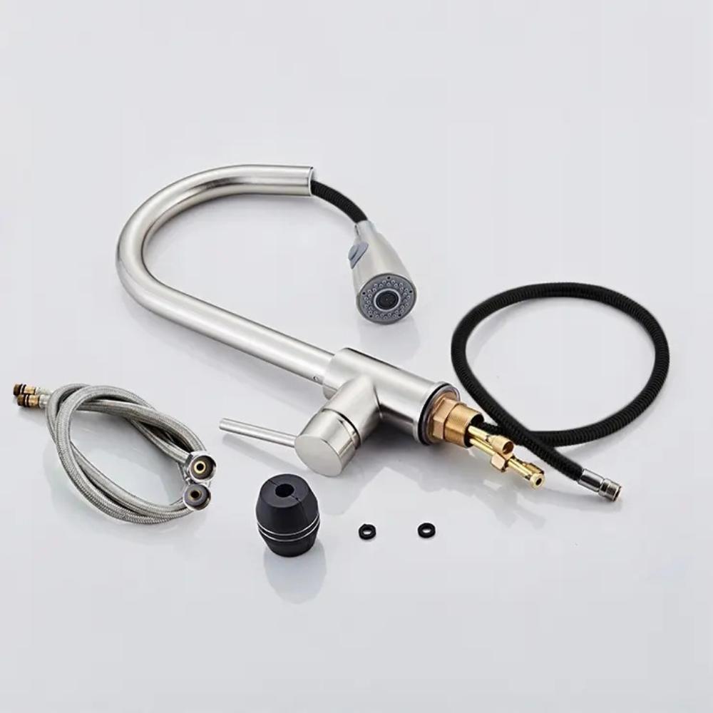 Kitchen Tap with Pull-out Spout, Stainless Steel, Flexible, Movable, Silver