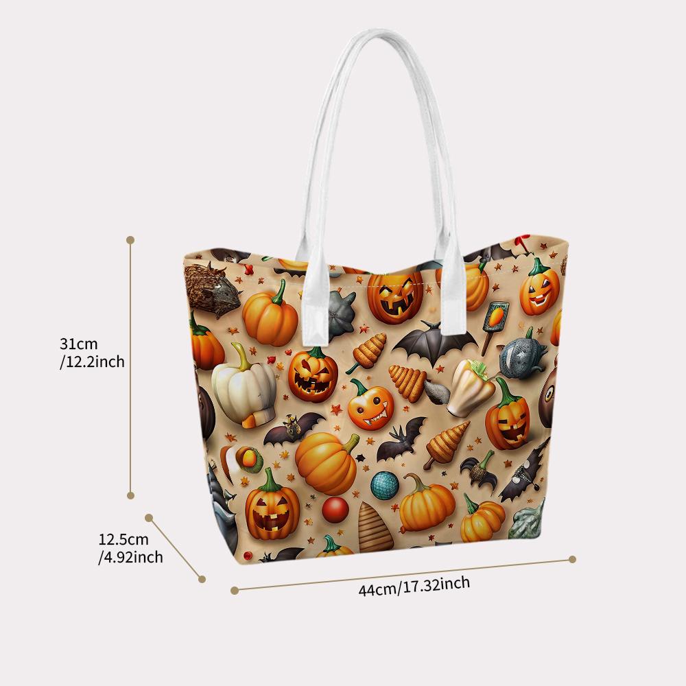 Halloween Pattern Tote Bag Fashion Pumpkin Bat Print Shoulder Bag Holiday Casual Portable Daily Handbag