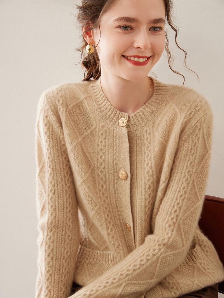 Women's Cable Knit Wool Cardigan - Long Sleeve, Single Breasted, Thick Cashmere Knitwear for Autumn and Winter