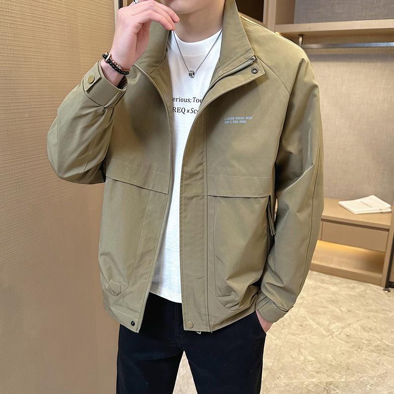 2025 Men's Casual Stand-up Collar Jacket - Spring/Autumn Korean Style, Solid Color, for Middle-aged and Young