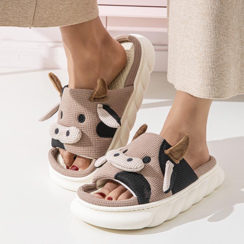 Universal Cow Print Linen Slippers: Cute, Non-Slip, Odor-Proof, Four Seasons, Thick Sole
