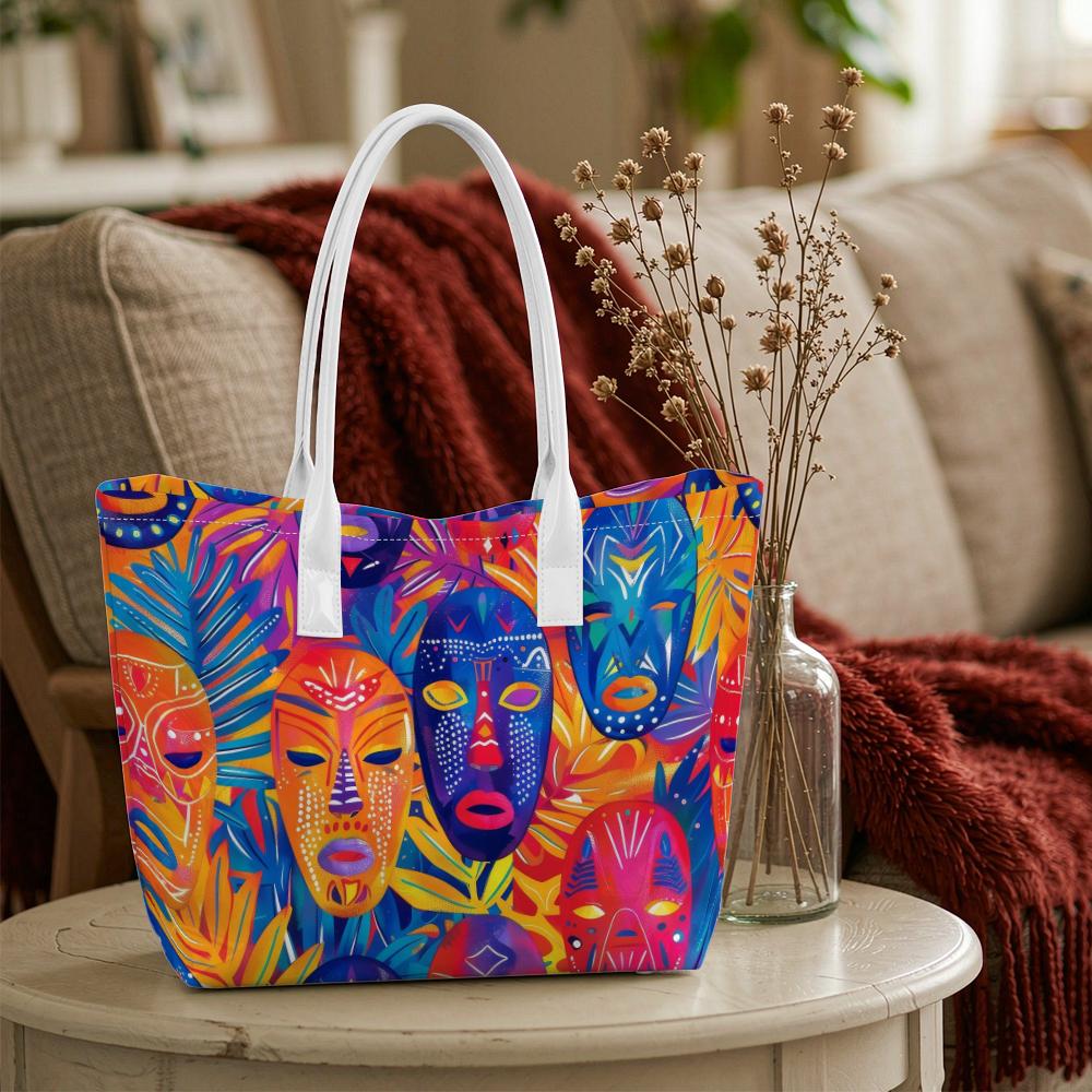 Colorful African Mask Pattern Tote Bag Stylish Daily Casual Handbag