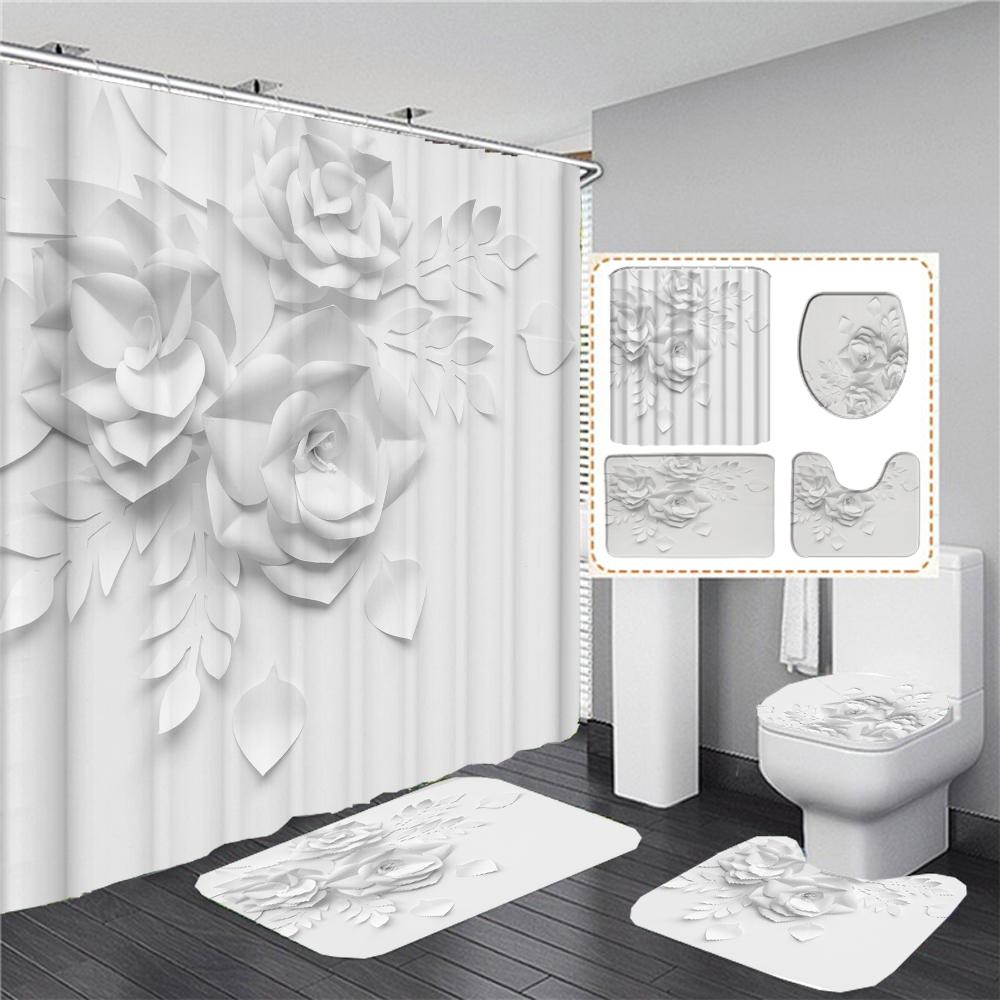 Elegant Bukett Av Fantastiska Vita Blommor 3D-stil Duschdraperi Badrumsgardin Med Badrumsmatta Mattset Blommig Heminredning