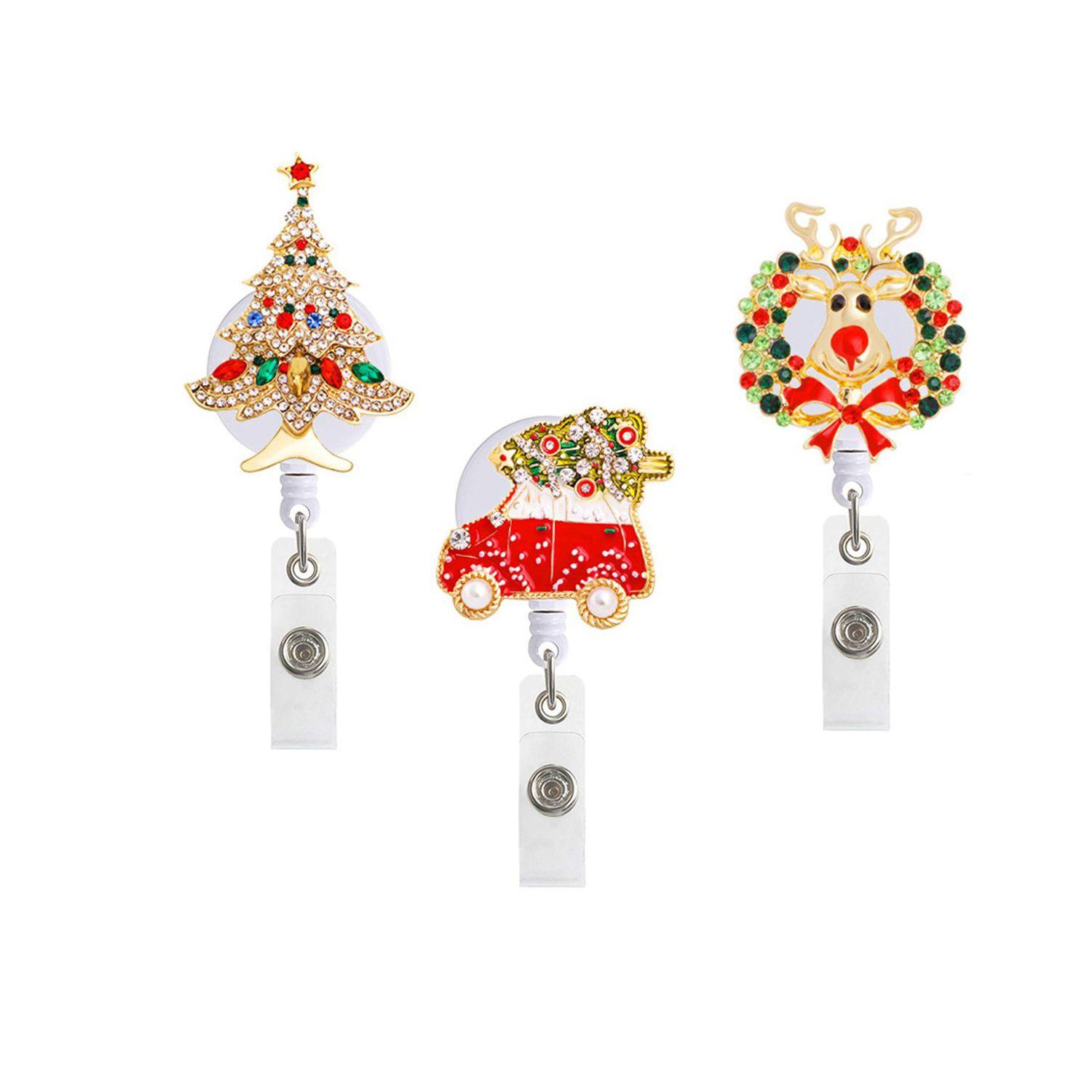 

3 PCS Students Wreath Xmas Retractable Christmas Badge Holder Badge Reel Clip