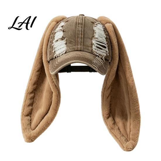 PlushLong Ear Baseball Cap with Plush Rabbit Ears Washed Distressed Peaked Hat for Bunny Ears Winter Long Dance Party Show Festivals